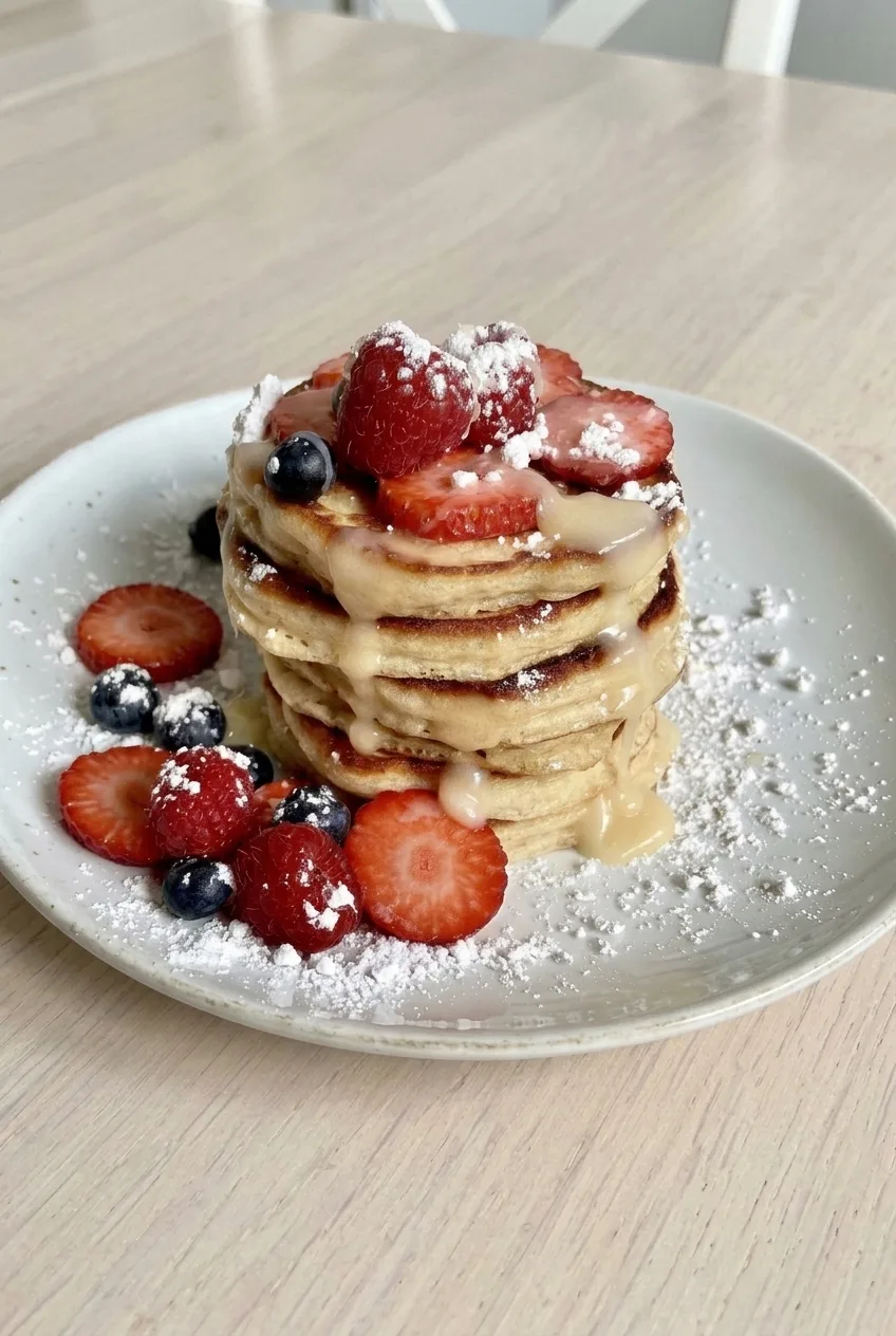 Full plate of berry-topped buttermilk pancakes with glaze and powdered sugar on a neutral table