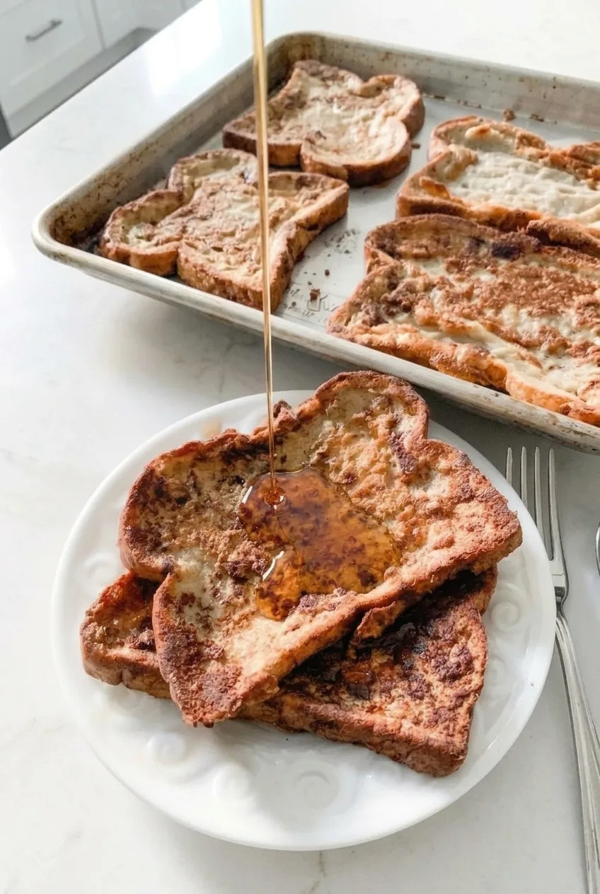 White plate of syrup-topped French toast beside a sheet pan of additional whole slices.