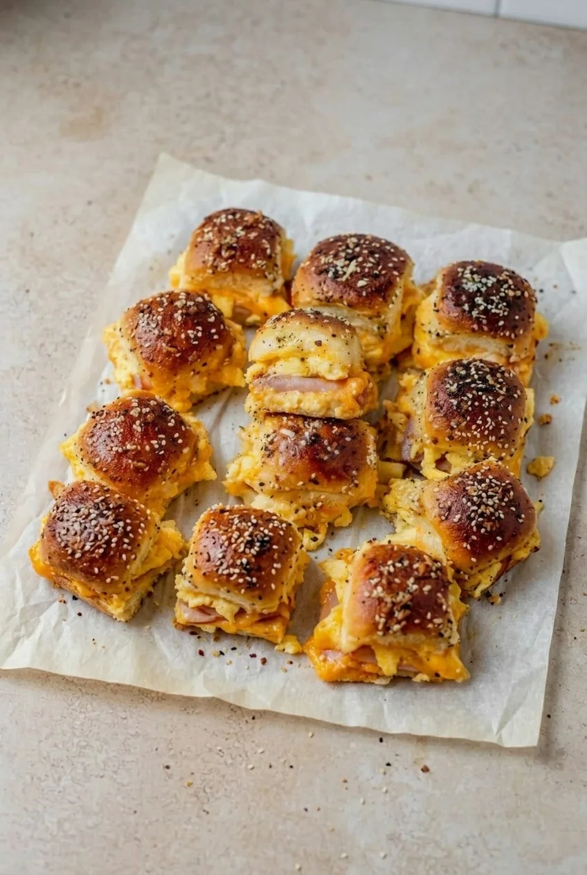 Twelve ham, egg and cheese breakfast sliders grouped on parchment with browned, everything-seasoned tops