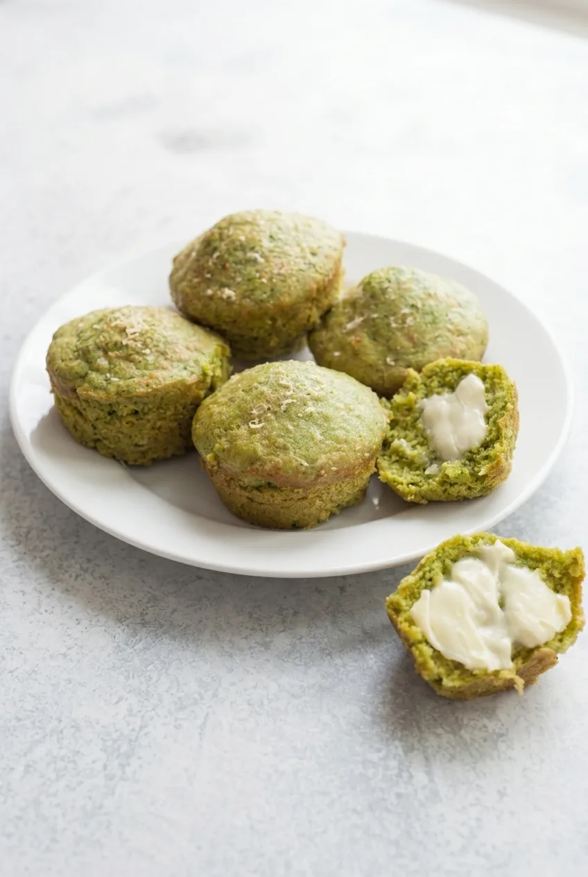 Full plate of spinach and cheese egg muffins with a split buttered muffin nearby