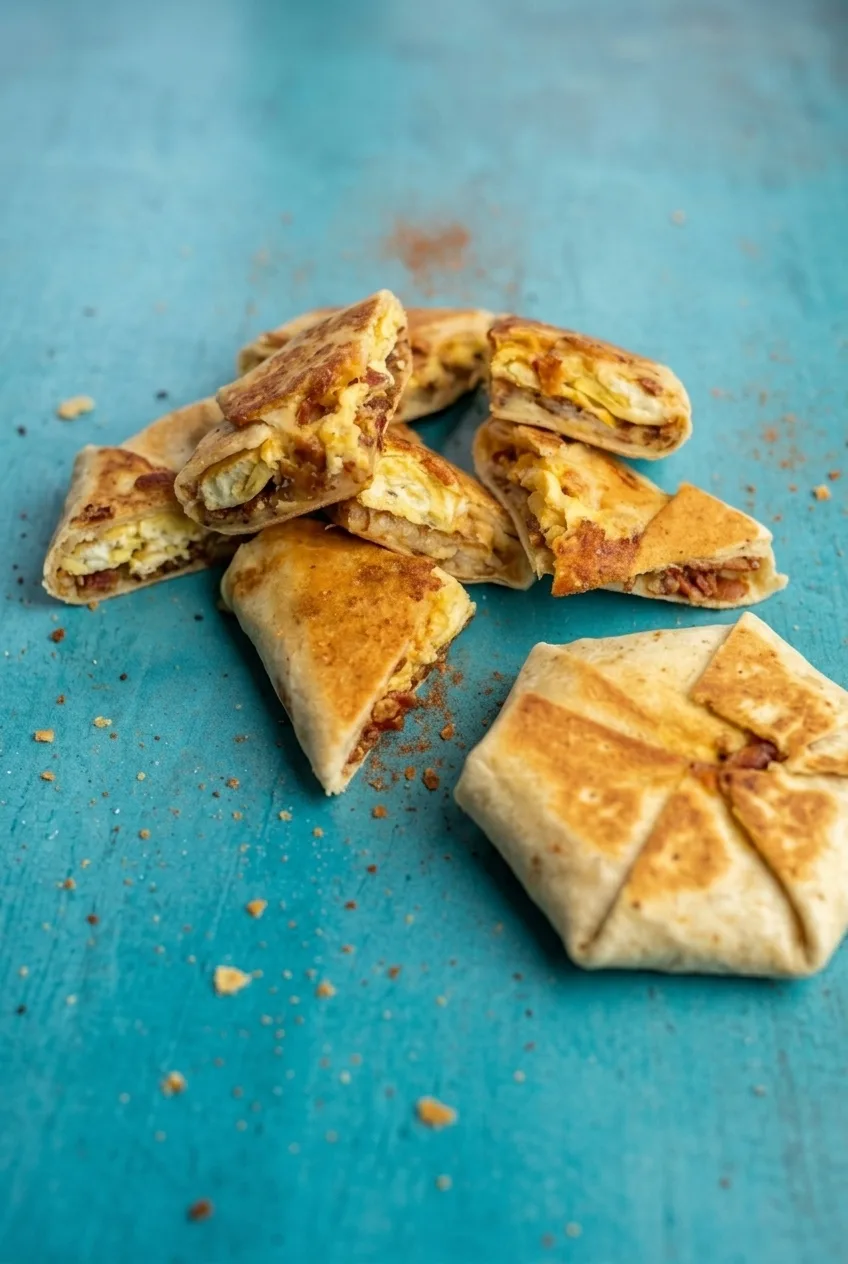 Wider view of cut breakfast crunchwraps loosely arranged on a turquoise serving surface