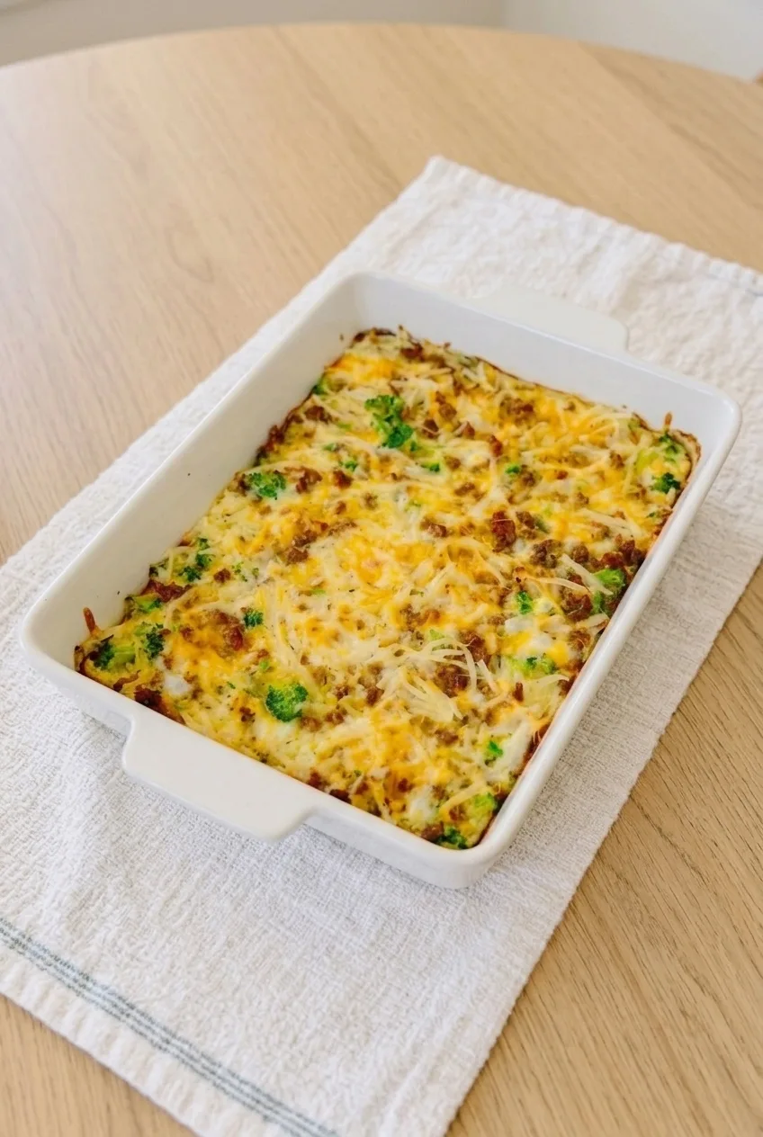 Whole sausage and broccoli hash brown breakfast casserole in its baking dish on a light wood table.