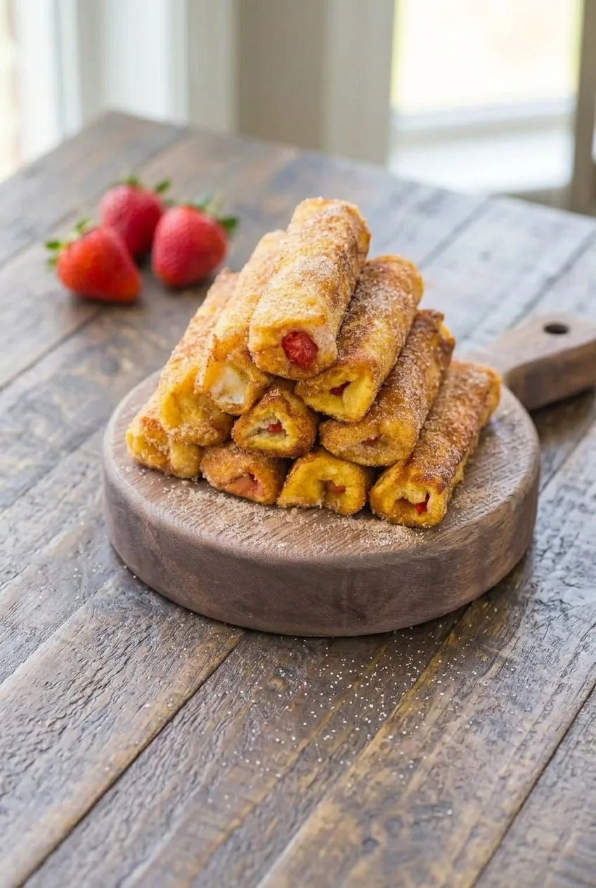 A loose stack of strawberry and cream cheese French toast roll-ups on a wooden serving board.