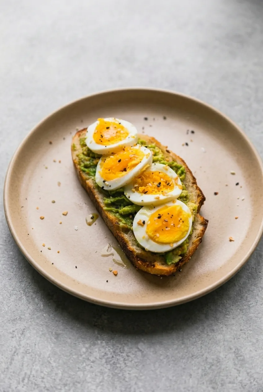A complete avocado toast with four boiled-egg halves on a plate surrounded by a neutral tabletop