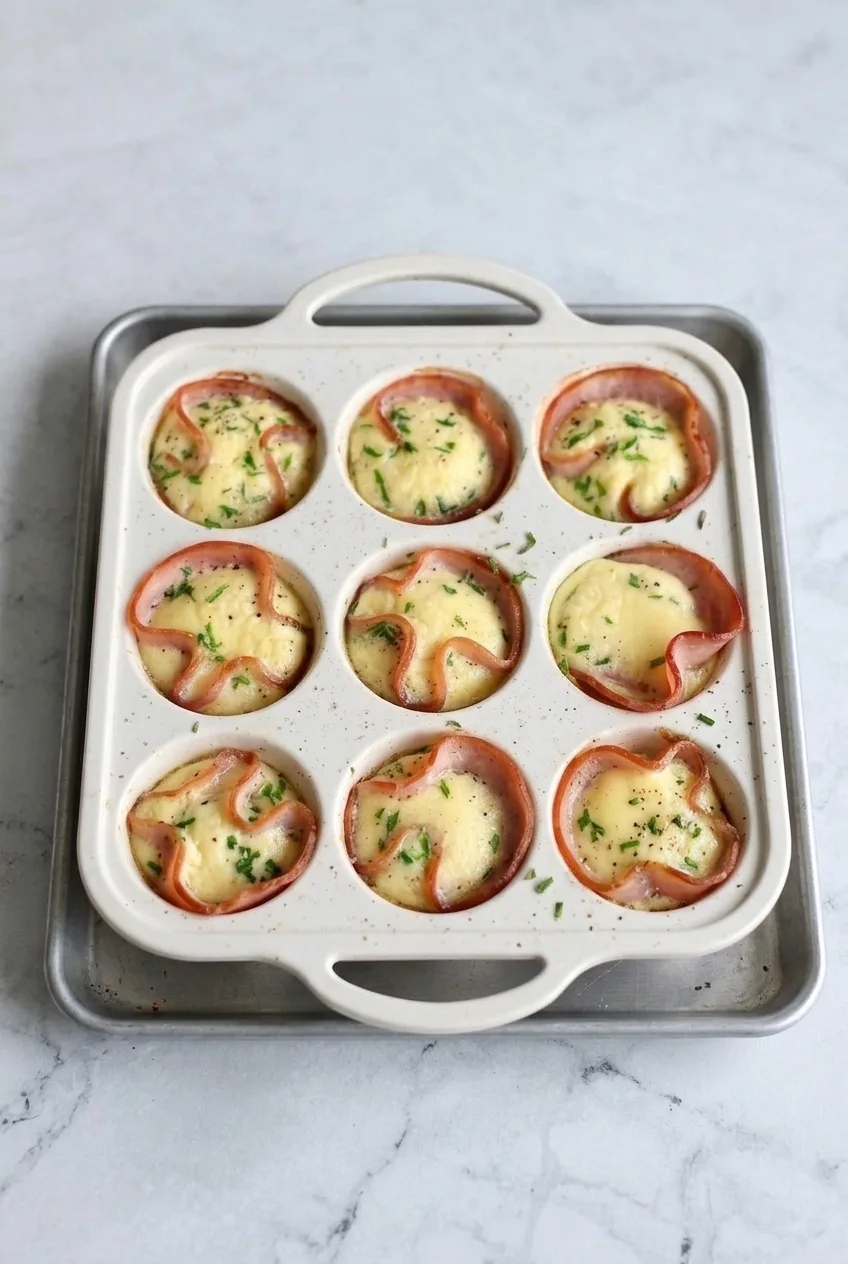 Full muffin pan of Canadian bacon-lined cottage cheese egg bites on a baking sheet