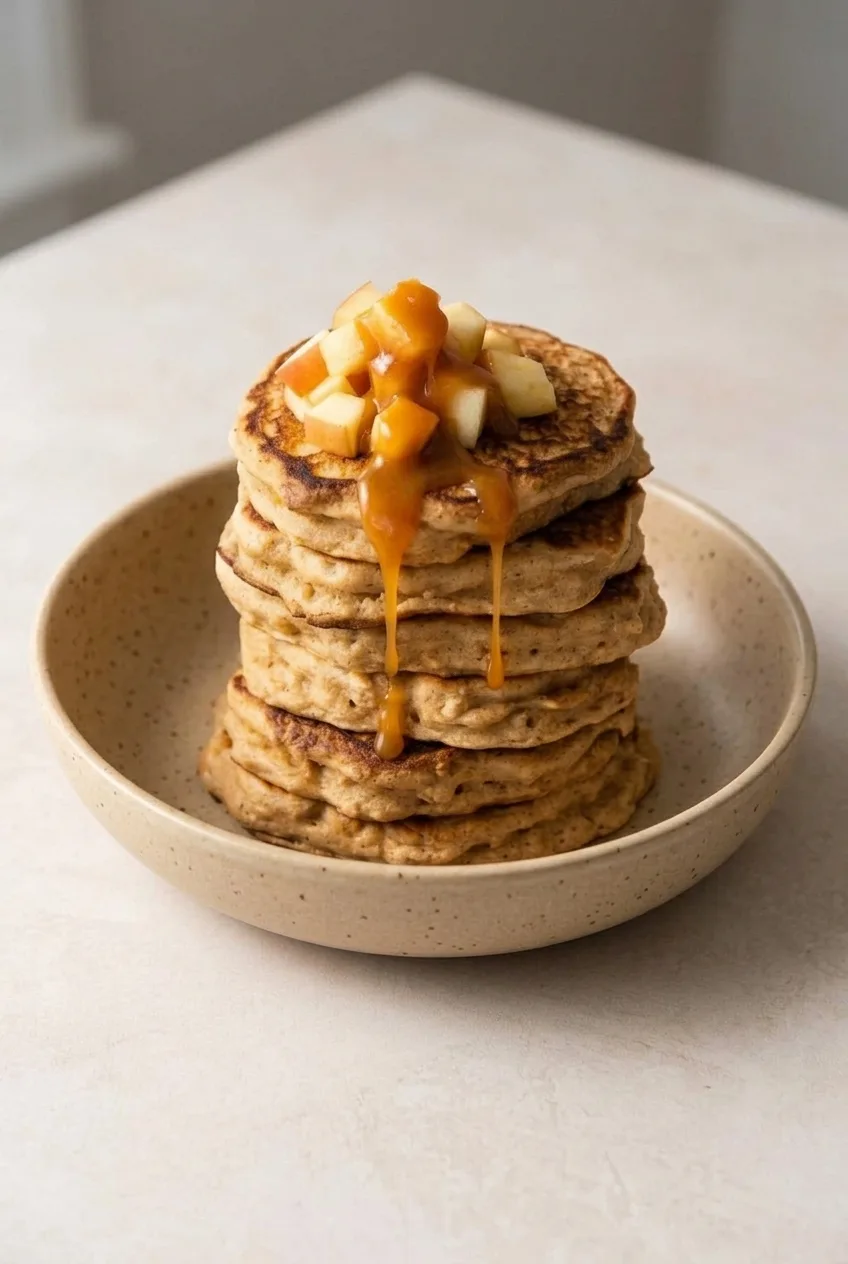 Full bowl of stacked apple cinnamon oatmeal pancakes with diced apple and amber sauce on a pale table