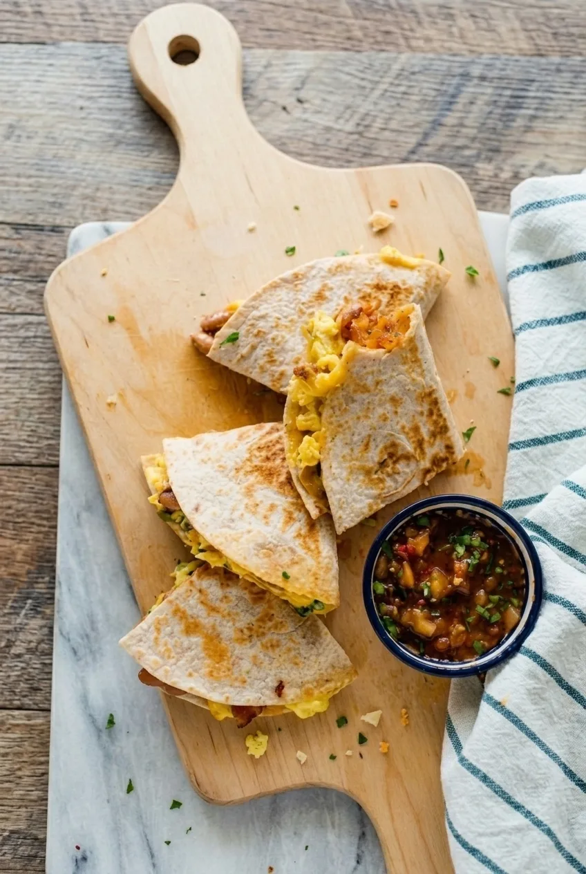 Wider view of breakfast quesadilla wedges on a board with a separate bowl of chunky red salsa