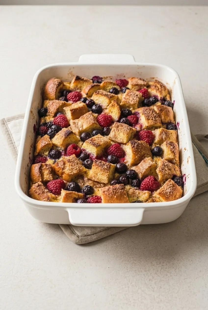Complete berry French toast casserole in a rectangular dish on a light tabletop