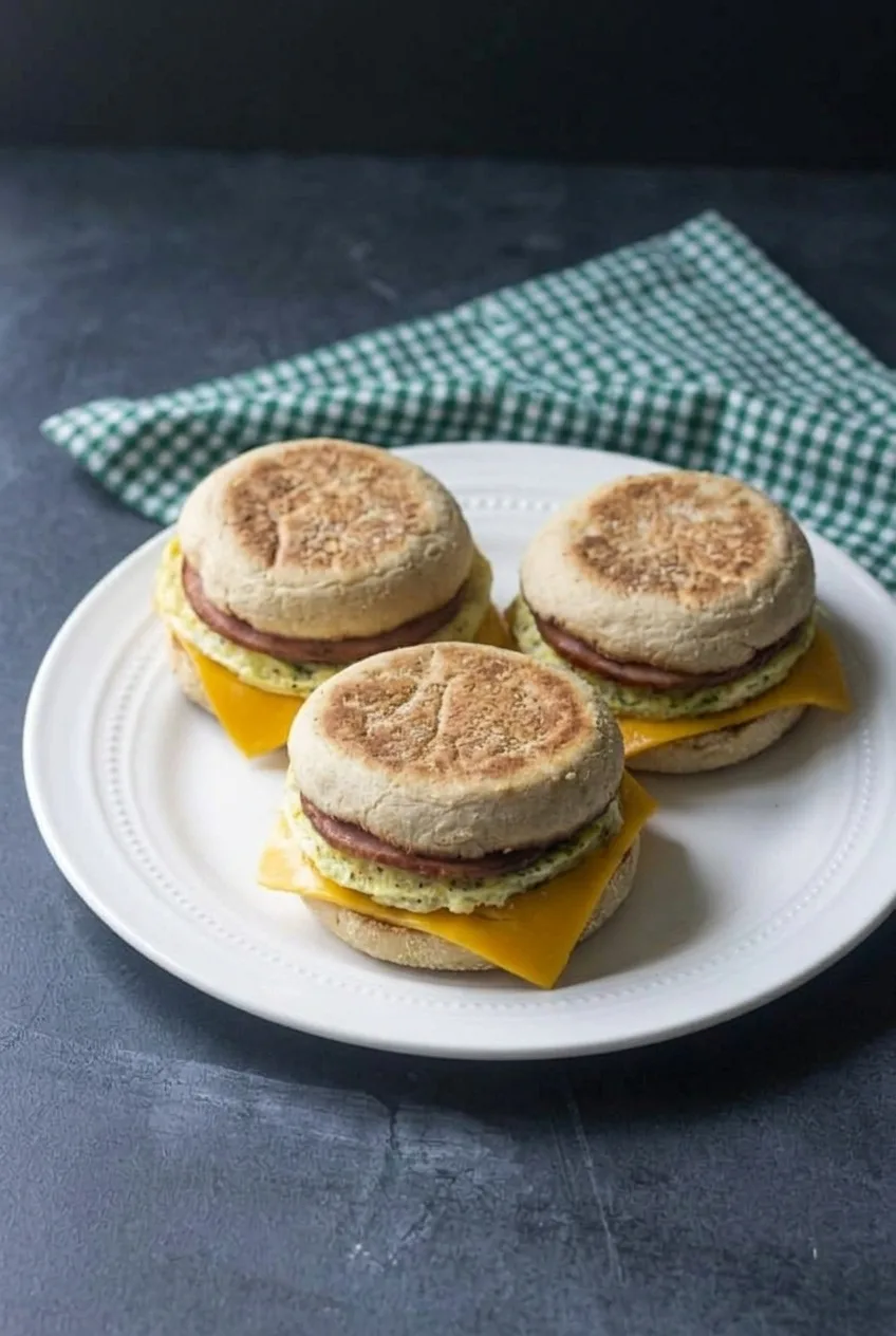 Full plate of three assembled egg, cheddar, and Canadian-bacon breakfast sandwiches