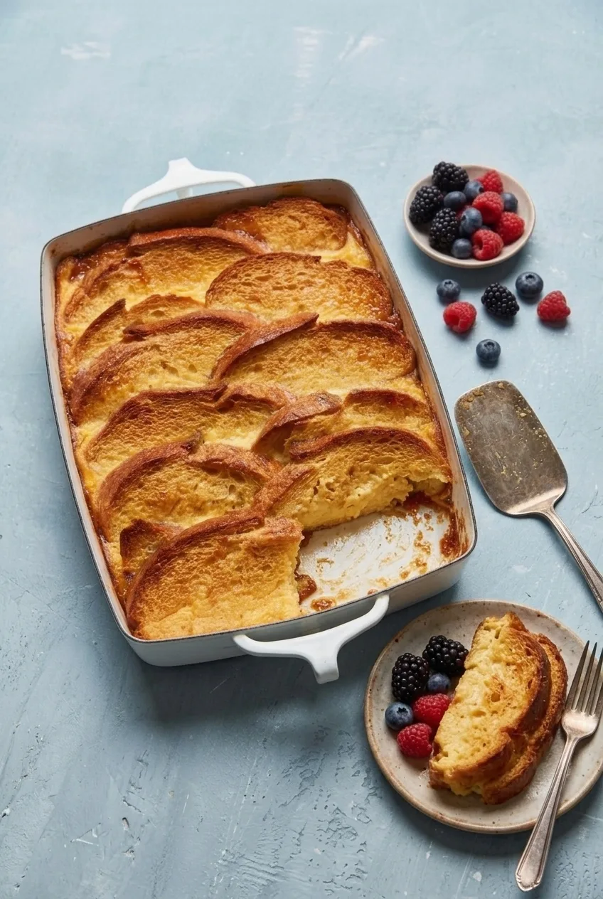 Full baking dish of golden crème brûlée French toast with a served slice and berries alongside