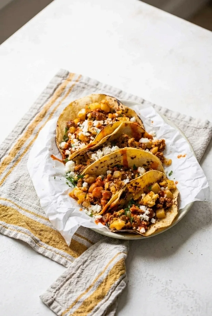 Four topped breakfast tacos overlapping on a paper-lined plate with the full serving visible