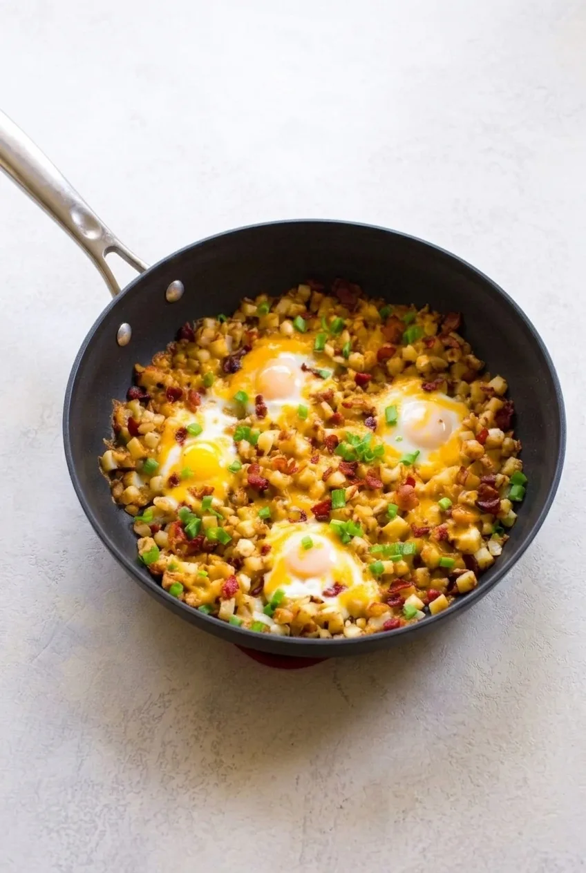 Full dark skillet of potato hash with four eggs, cheddar, bacon and green onions on a pale surface