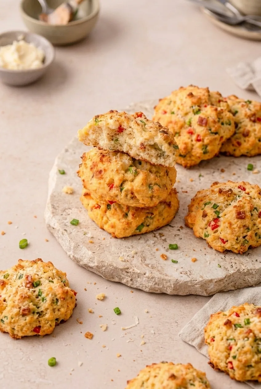 Full serving of golden cottage cheese breakfast biscuits on a light board, with one biscuit split