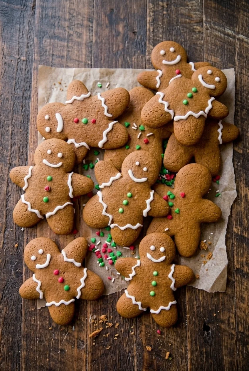 Wider view of decorated gingerbread man cookies grouped on a dark surface