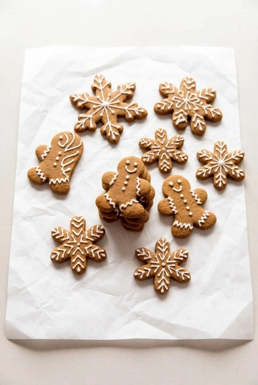 Wider view of decorated gingerbread people and snowflake cookies arranged on a light surface