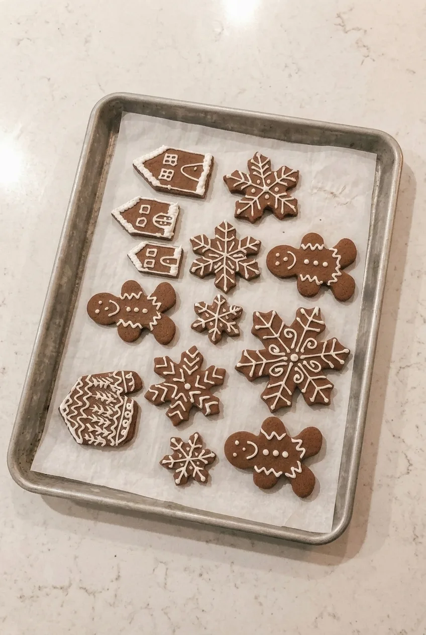 Full baking sheet of white-piped gingerbread people and snowflakes on a neutral countertop