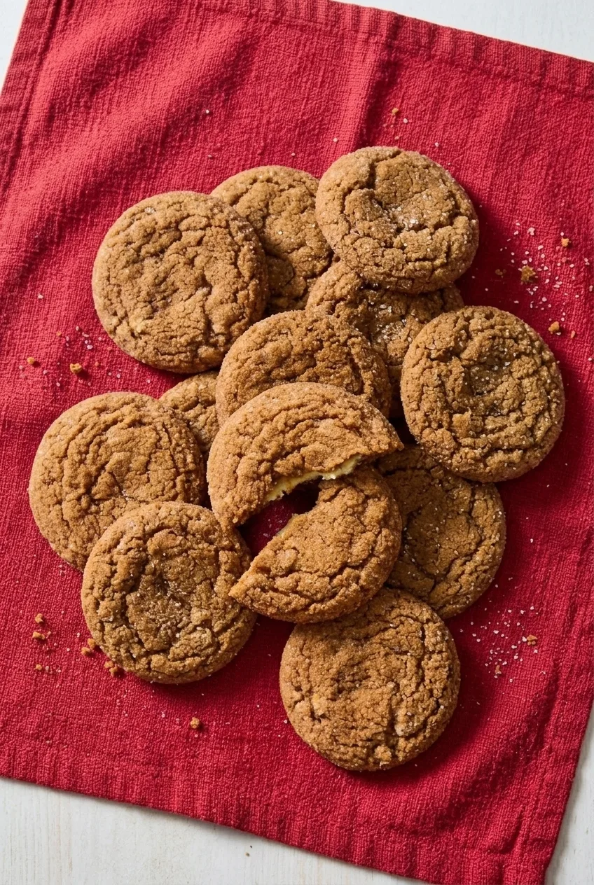 A wider arrangement of whole and broken gingerbread cheesecake cookies on red fabric, with the creamy center visible.