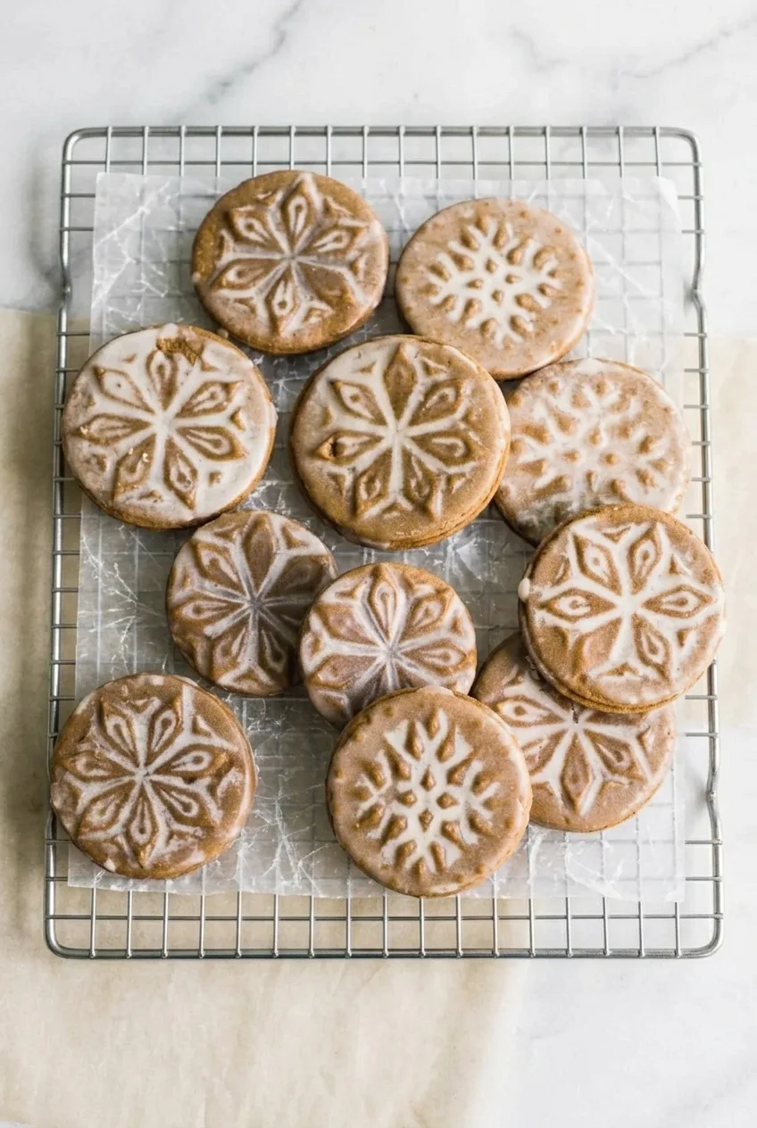 A wider view of a full group of floral stamped maple glazed gingerbread cookies on a wire rack