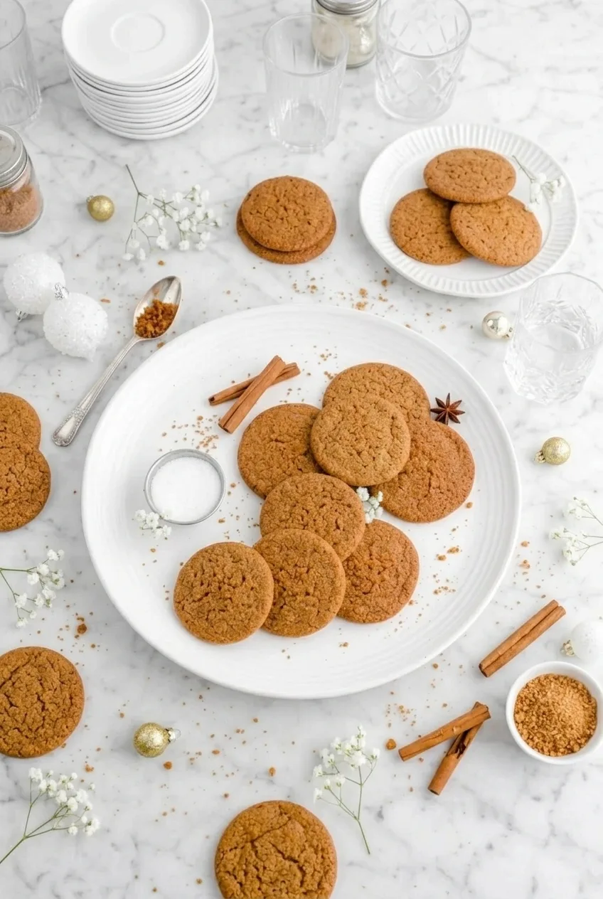 A full white platter of round gingersnap cookies on a marble surface, with a small plate of cookies nearby.