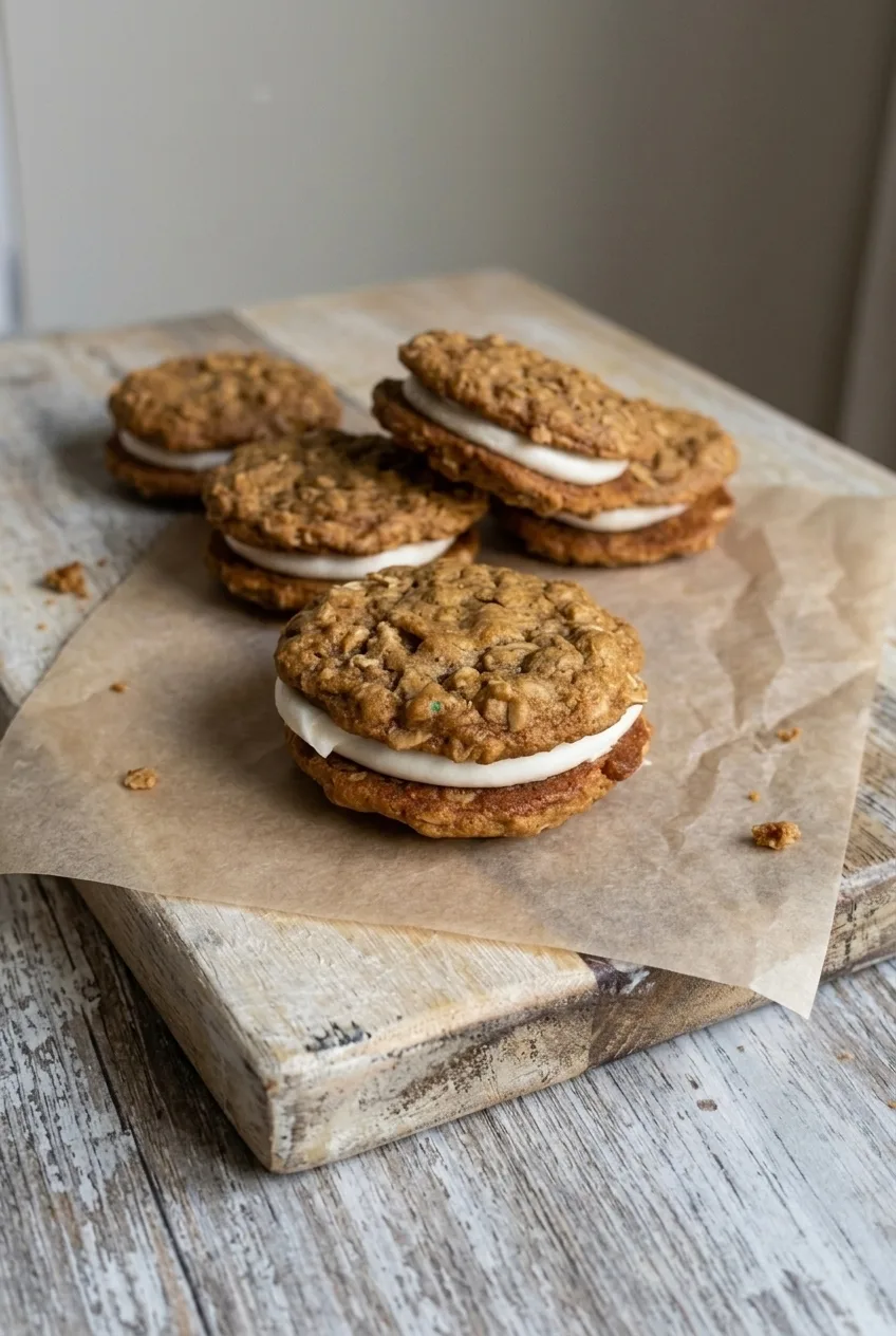 A wider serving of gingerbread oatmeal cream pies arranged on parchment over a wood surface