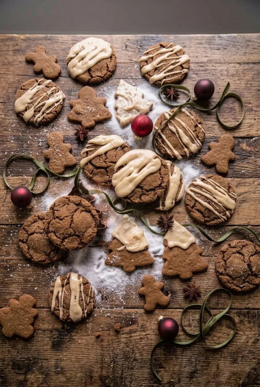 A wider view of gingerbread latte cookies, including iced rounds and small person and tree cutouts.