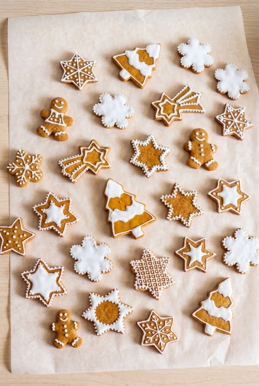 A wider view of assorted white-iced gingerbread cutouts arranged on light parchment