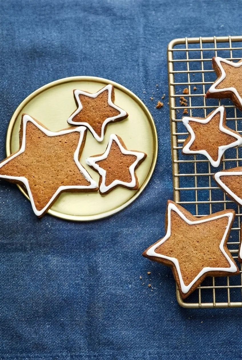 A wider view of outlined gluten-free gingerbread stars on a full plate and cooling rack over blue fabric