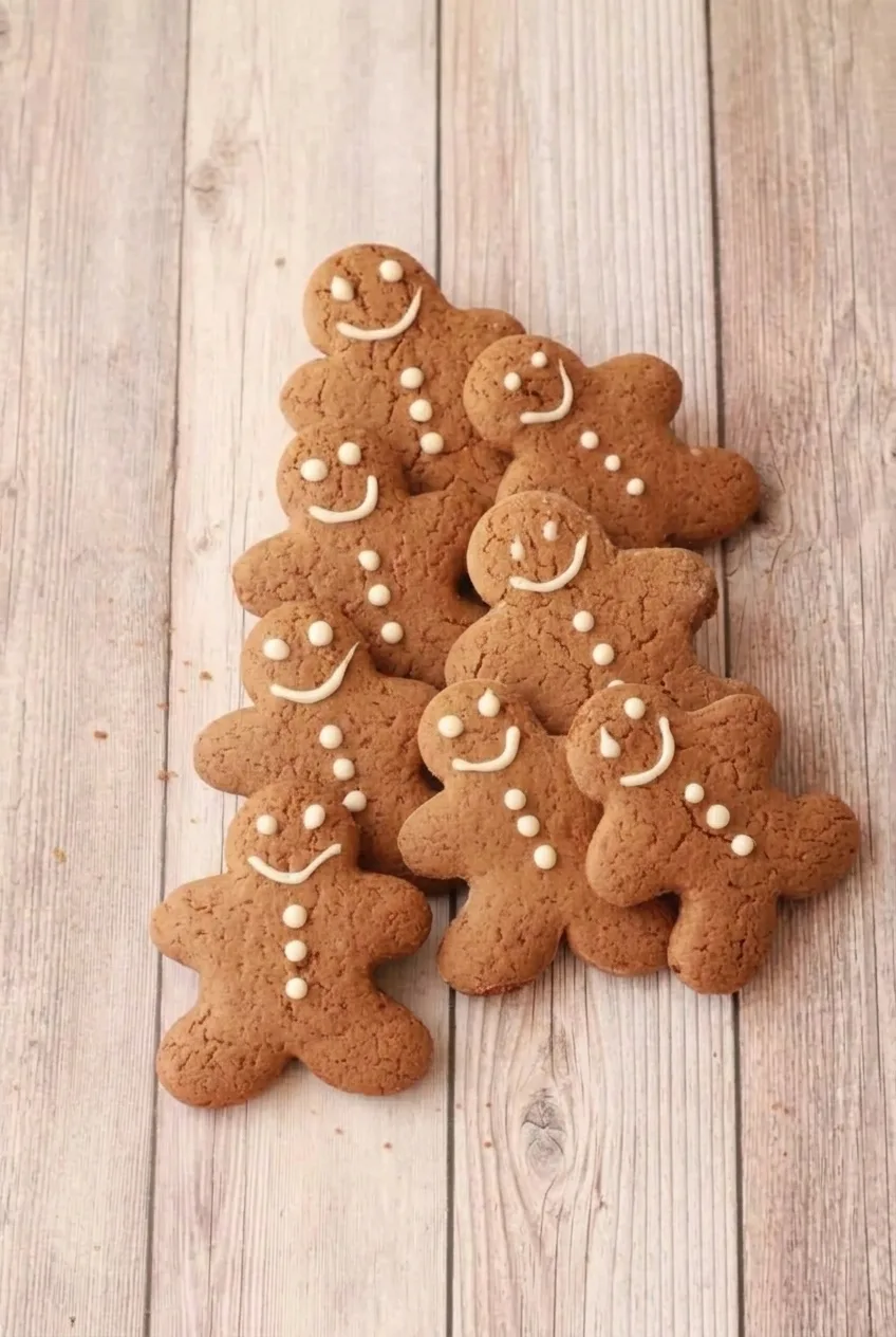 A wider view of a full serving of iced vegan gingerbread people arranged on a pale wooden surface