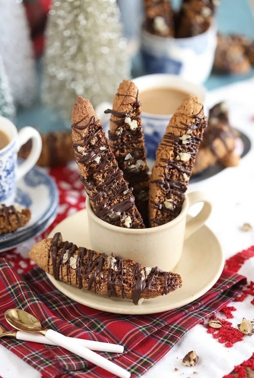 A wider view of chocolate-drizzled gingerbread biscotti in a ceramic cup with extra slices on a plate
