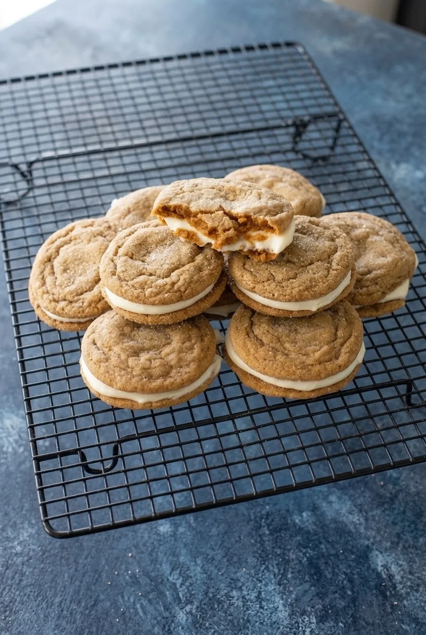 A wider view of gingerbread sandwich cookies arranged on a wire rack, with one opened to reveal the filling.
