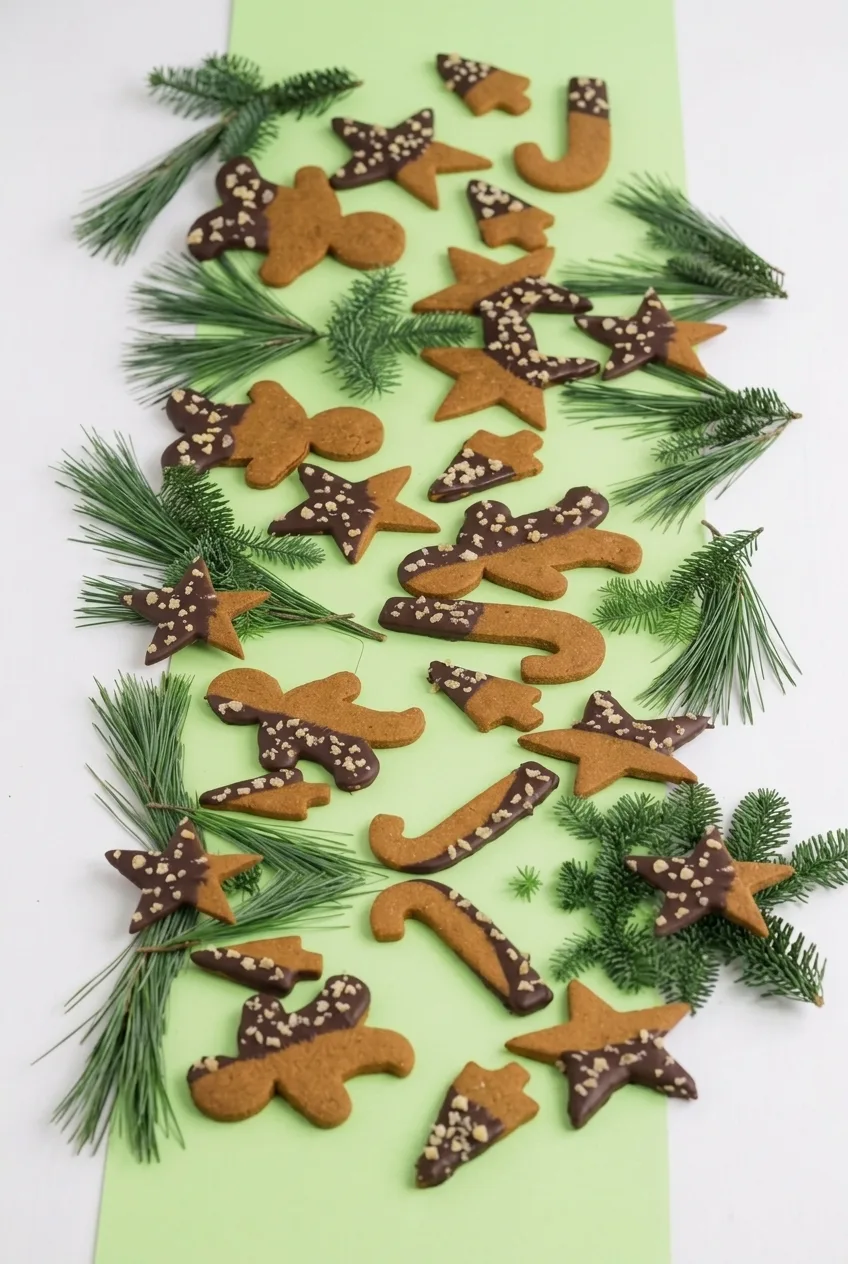 A full assortment of chocolate-dipped gingerbread cutouts arranged on a pale green surface