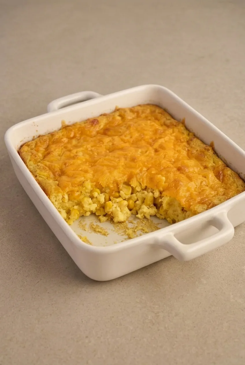 A full rectangular dish of Jiffy corn casserole with cheddar and a serving scooped out, shown on a neutral surface