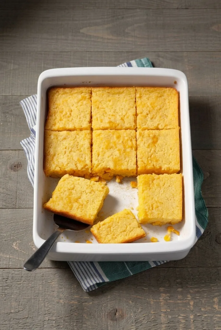 A full white casserole of square-cut Southern corn pudding on a simple wood surface.