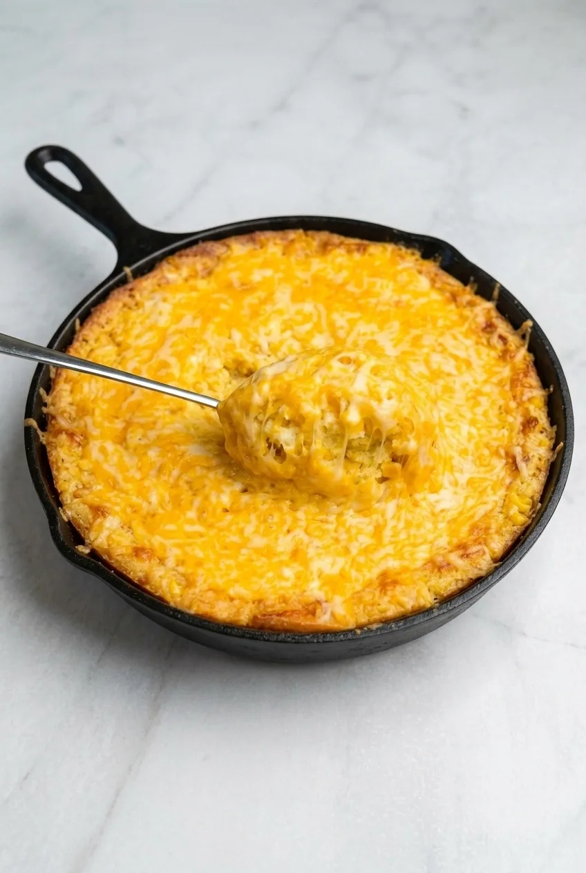 A full cast-iron skillet of cheesy corn casserole, shown with more of the neutral countertop around it.