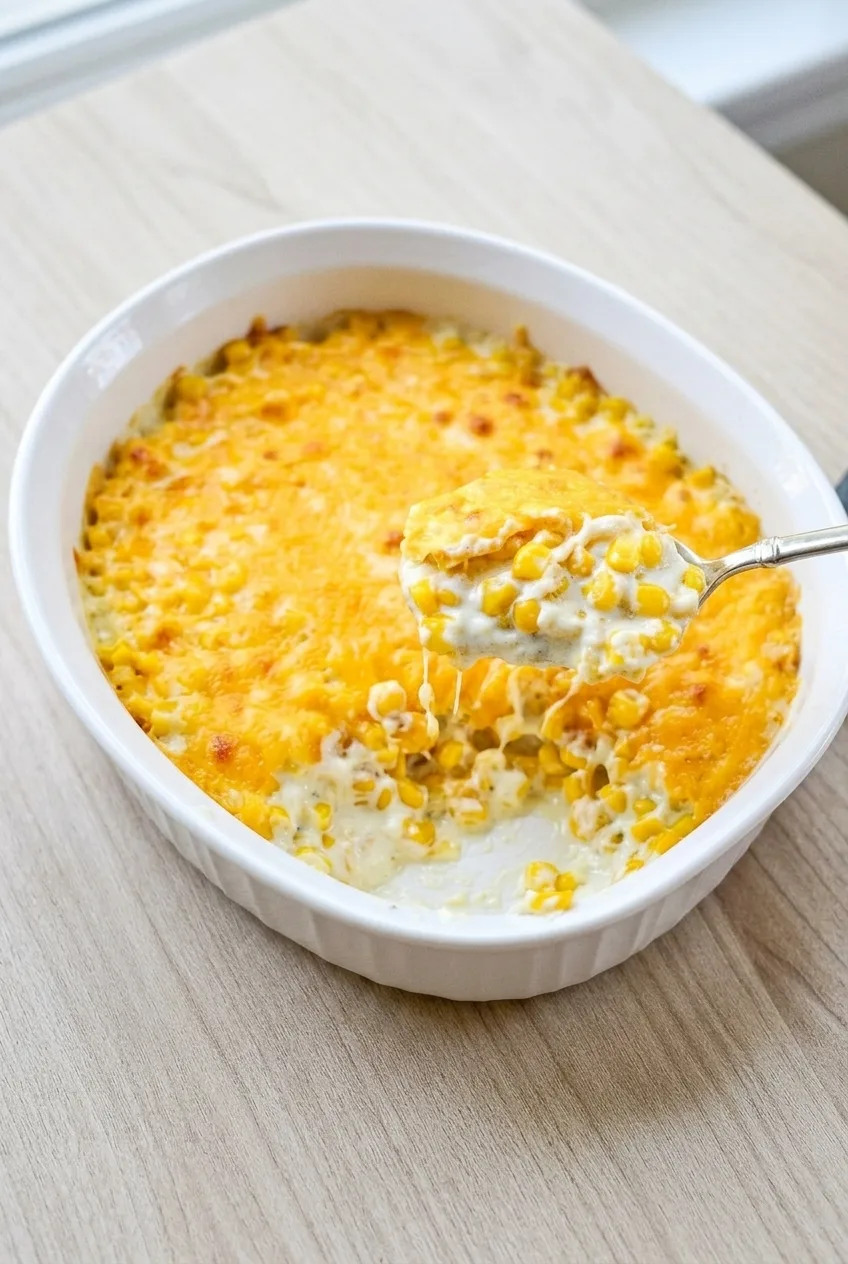 Full white oval dish of spoonable cream cheese corn casserole with a lightly browned cheddar topping