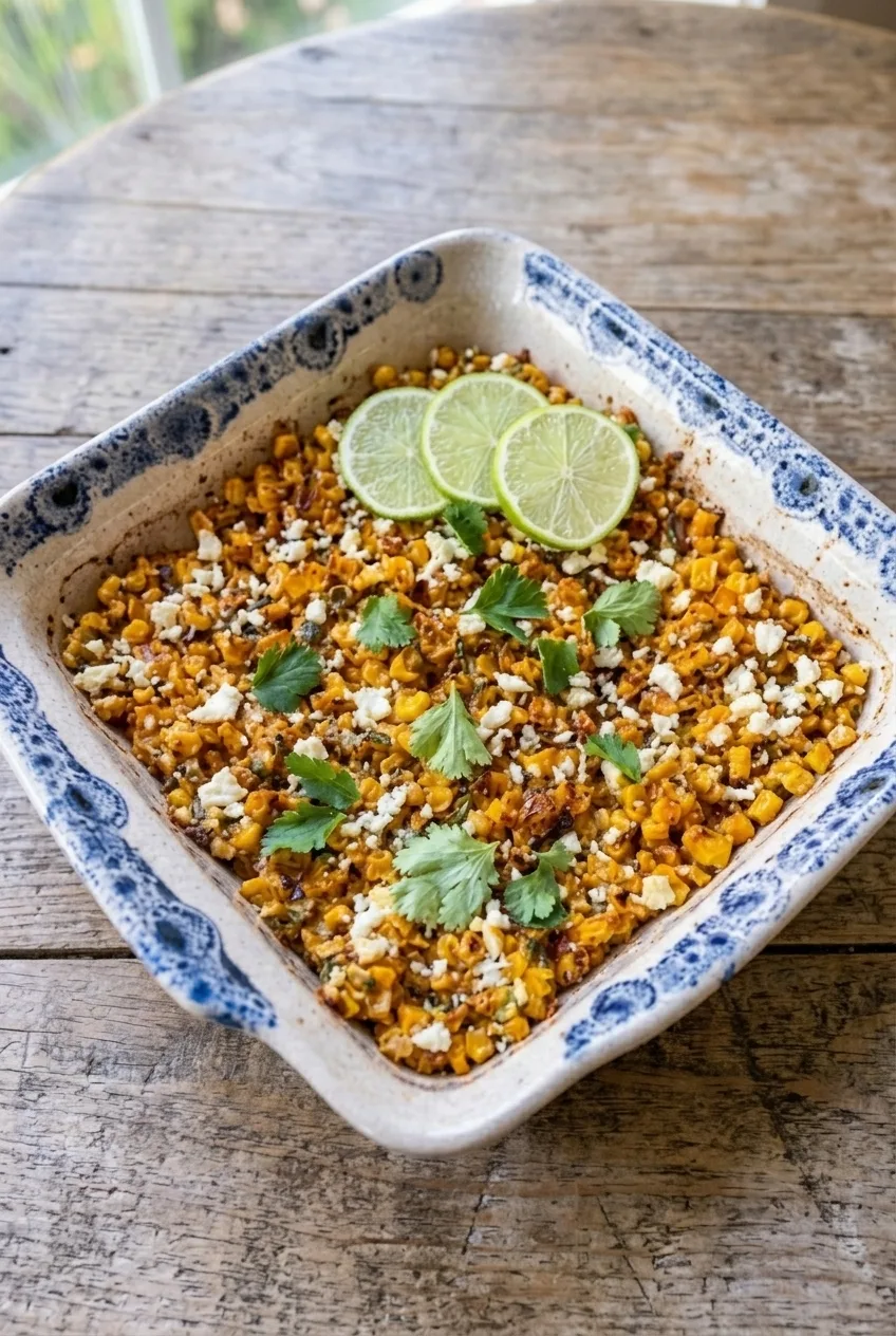 A full shallow dish of Mexican street corn casserole centered on a pale textured surface