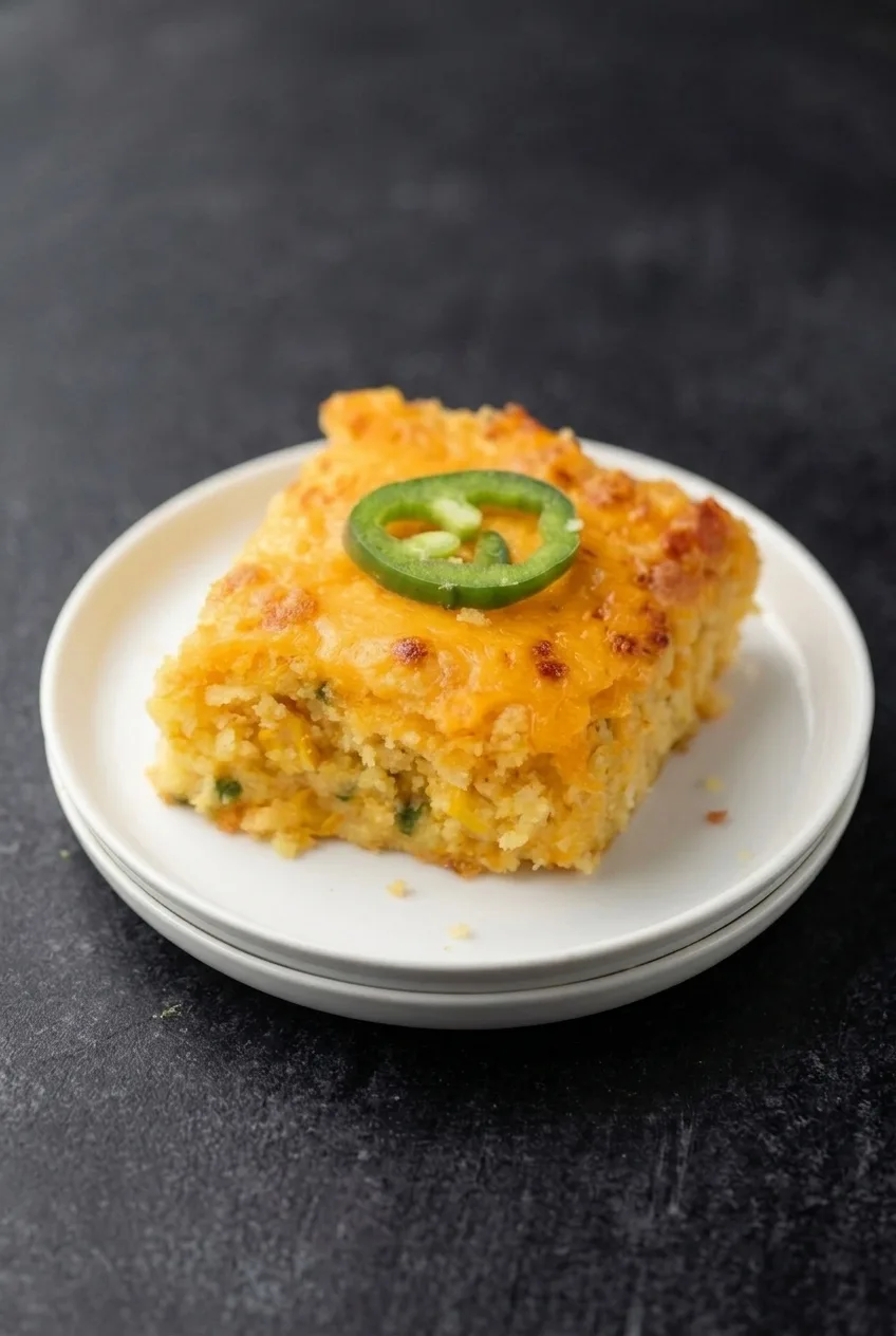A full white plate with a square serving of jalapeño cheddar corn casserole, shown on a dark tabletop