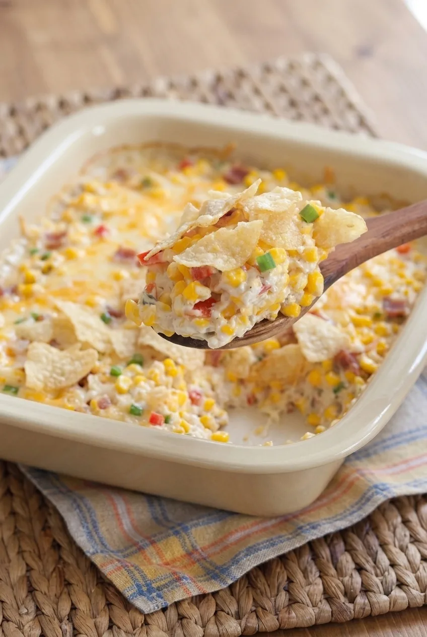A wooden spoon lifts a shard-topped serving of bacon and cheese corn casserole from the full baking dish.