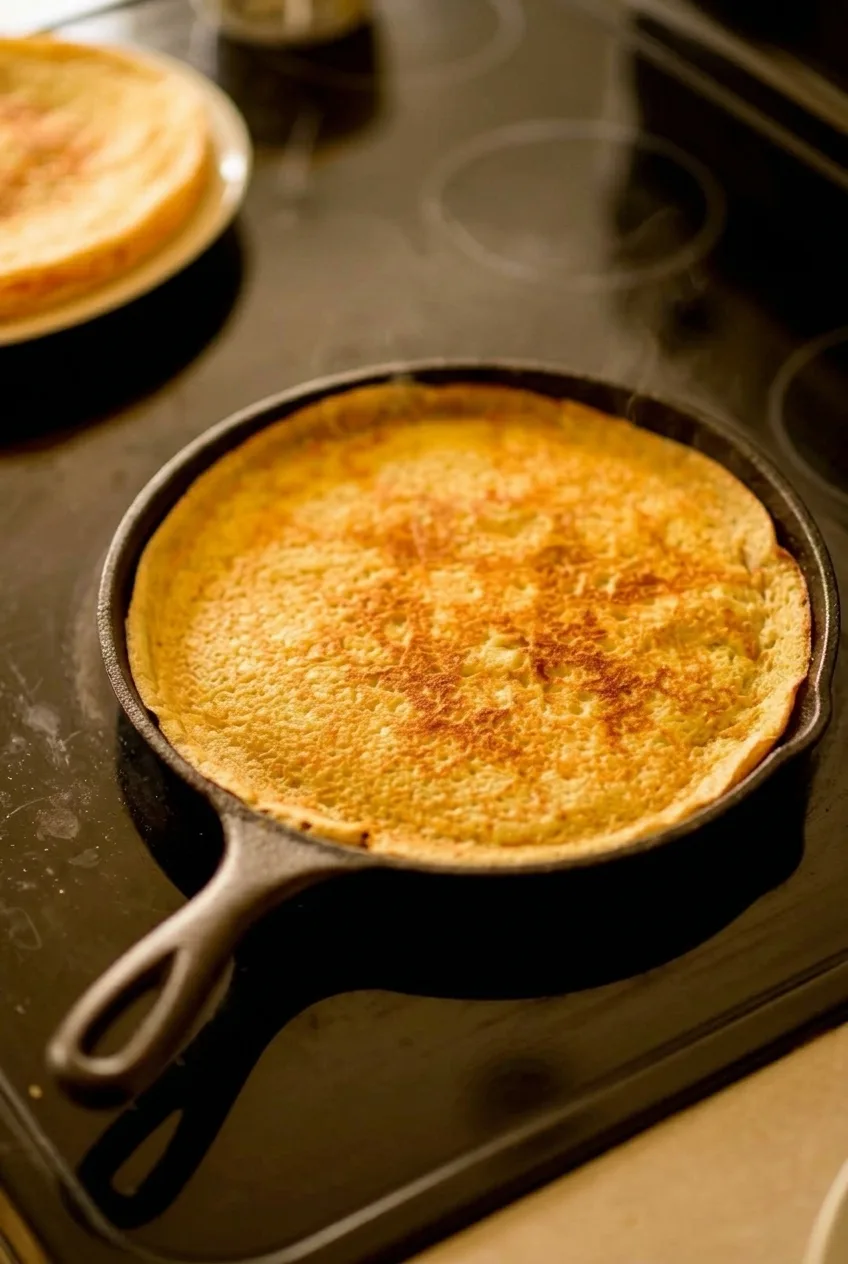 Full cast-iron skillet of cowboy corn casserole centered on a dark surface with room around the dish