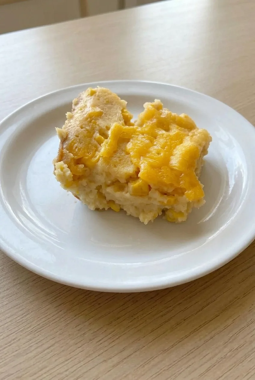 A full serving of cheddar-topped slow cooker corn casserole on a plate, shown with more of the surrounding surface