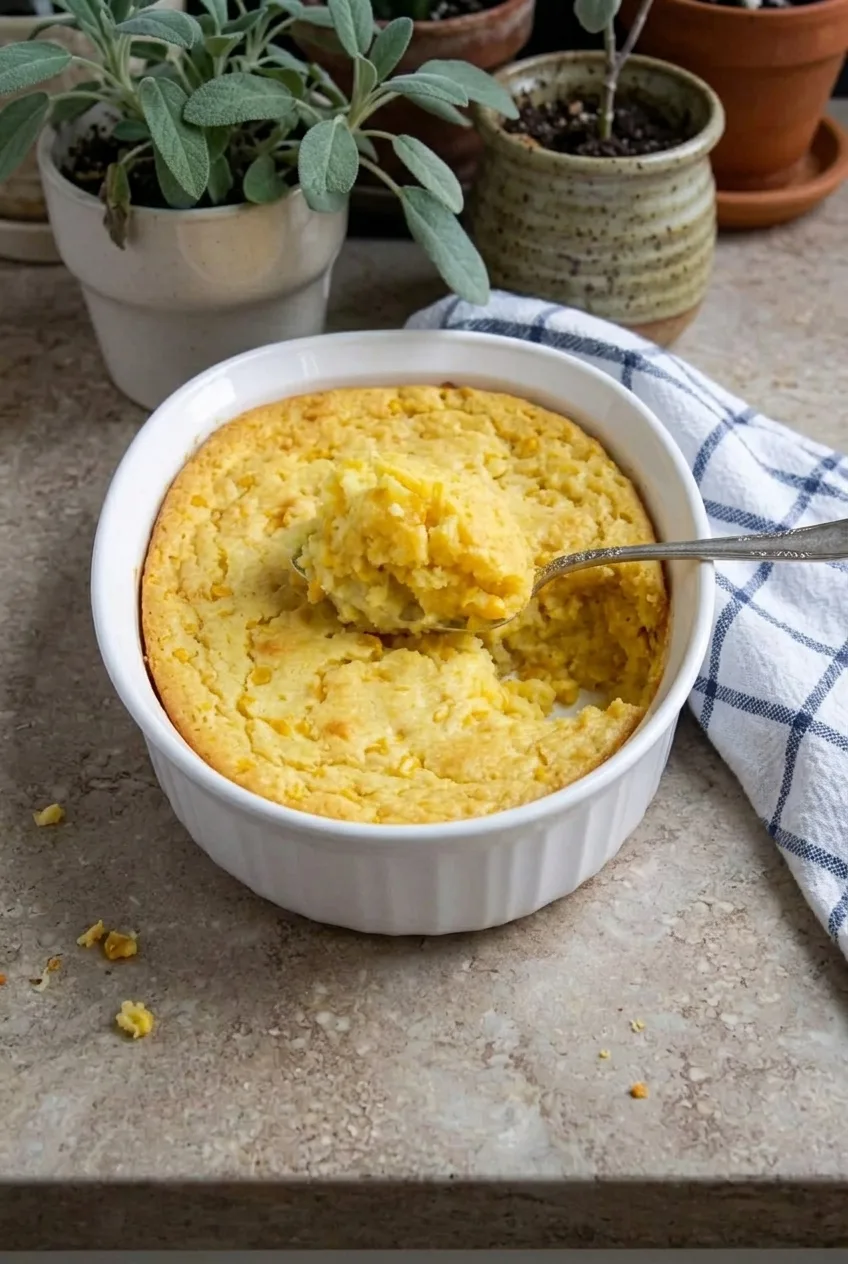 White oval dish of golden corn soufflé shown whole with a spooned serving