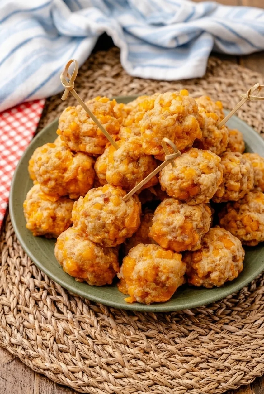 A full platter of cheddar-studded Bisquick sausage balls with more of the woven tabletop visible.