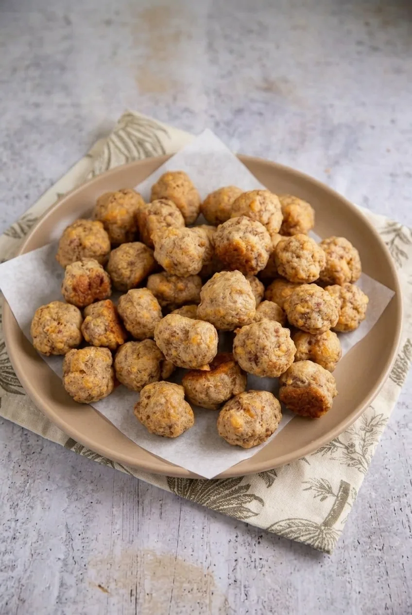 A full plate of golden cream cheese sausage balls on parchment, photographed with more tabletop visible