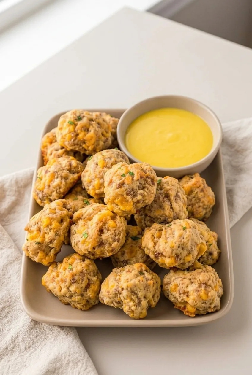 A full platter of rustic Cheddar Bay sausage balls with dipping sauce on a light tabletop