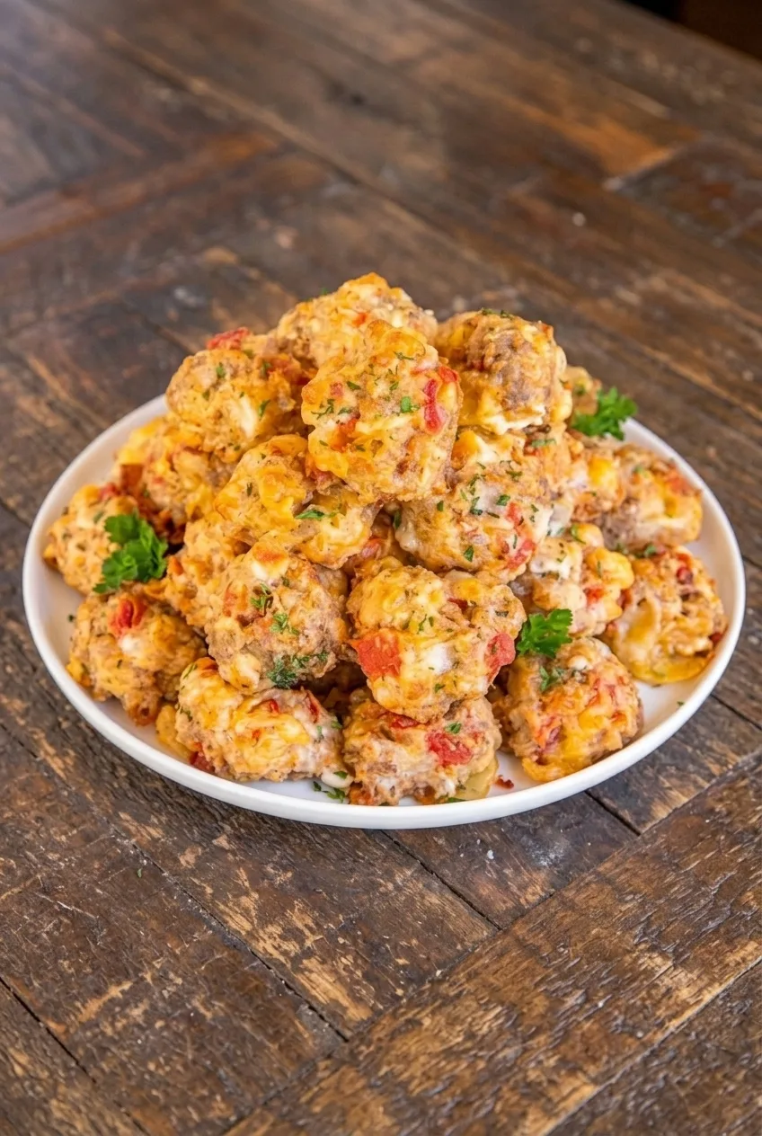 A full platter of Rotel cream cheese sausage balls centered on a dark rustic tabletop