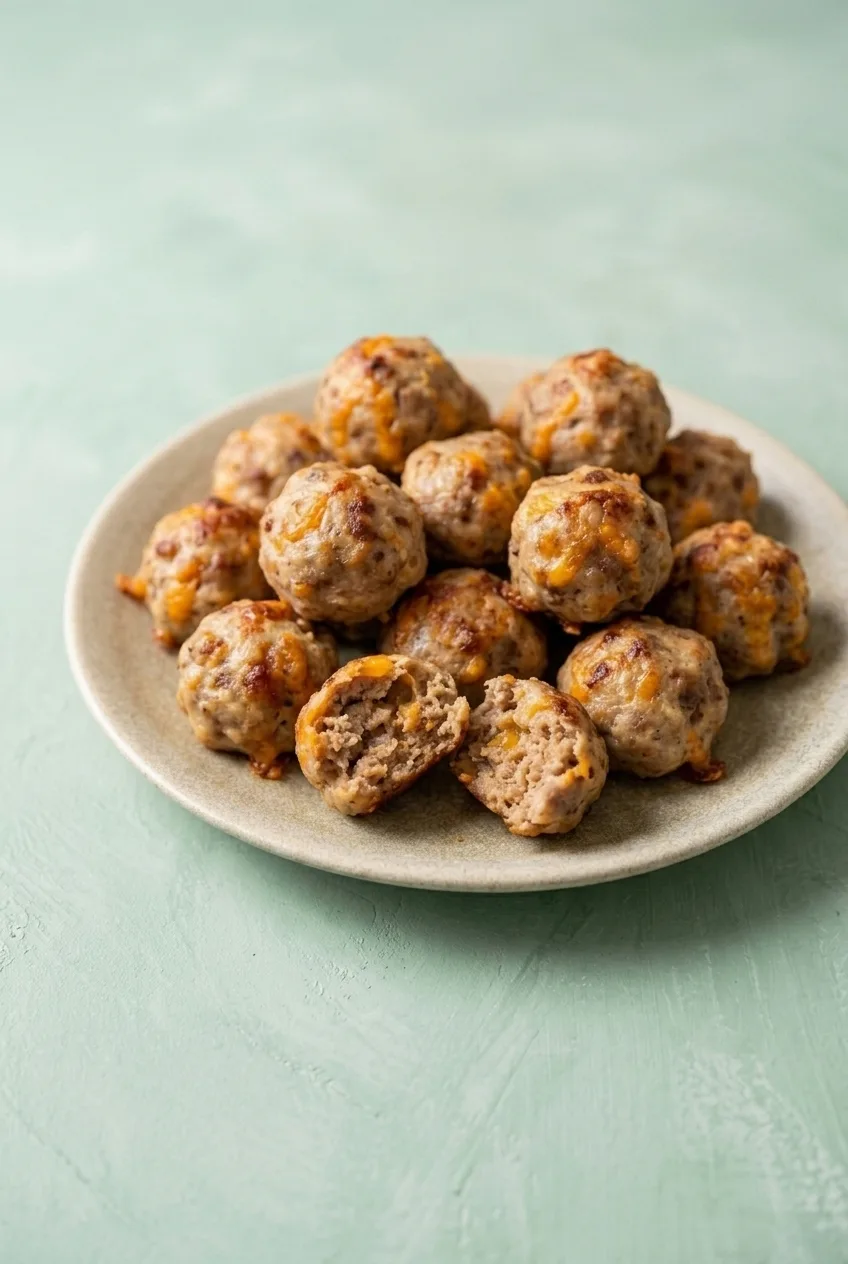 A full serving of round, lightly browned sausage balls arranged on a plate.
