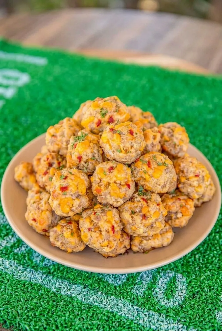 A wider view of a full plate of pimento cheese sausage balls on a green textured surface.