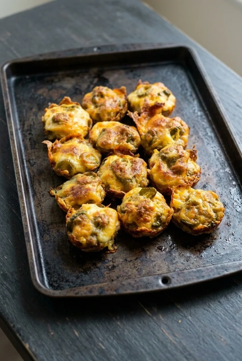 A full serving of jalapeño popper sausage balls clustered on a dark platter with the surrounding tabletop visible