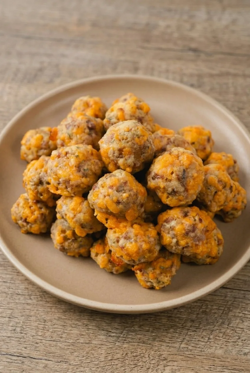 A full plate of keto sausage balls centered on a neutral surface, with the golden bites and cheddar visible.