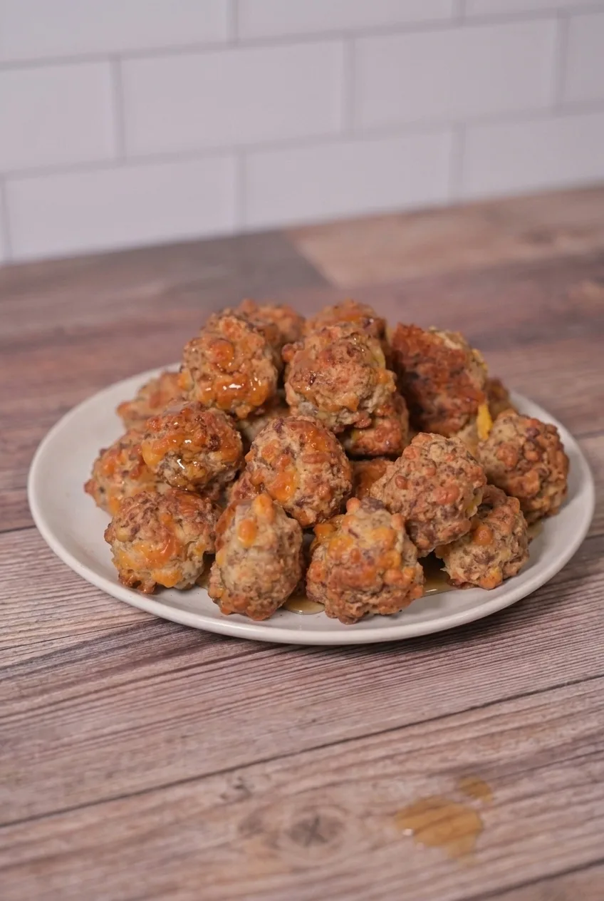 A full white platter of cheddar-studded maple breakfast sausage balls centered on a wood counter.
